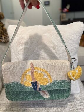 Beaded Lemon Drop Motif Shoulder Bag in Green and Yellow